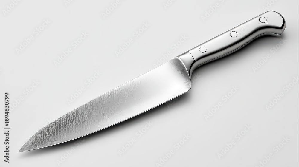 Obraz premium Sleek stainless steel chef's knife with ergonomic handle and sharp blade on white background