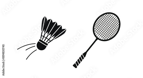 Badminton shuttlecock and racket in a simple black silhouette