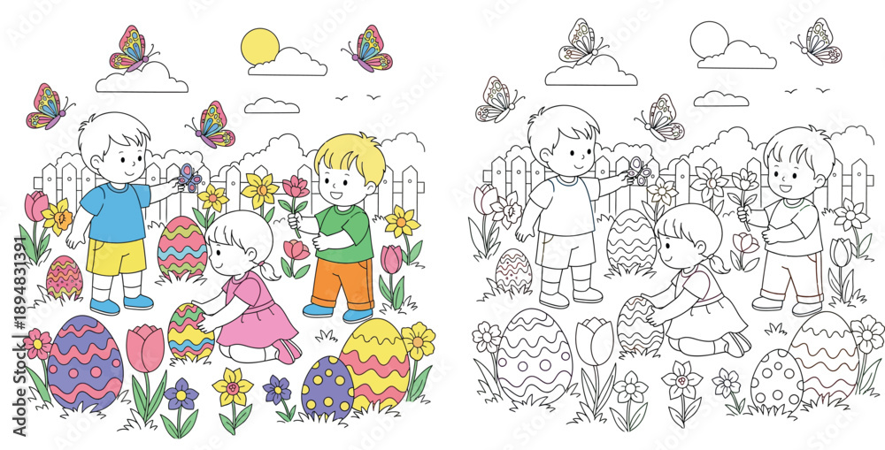Obraz premium Happy children hunting Easter eggs in a spring garden vector illustration with black and white coloring page outline for kids activity book