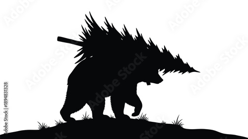 Silhouette of a Large Bear Carrying a Christmas Tree on its Back