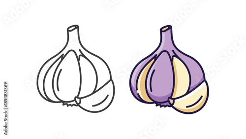 Simple cartoon illustration of a whole garlic bulb with one clove partially exposed beside a black and white outline version for coloring projects and culinary design.