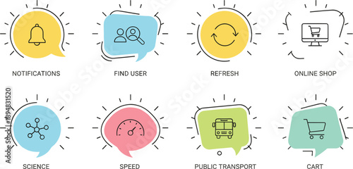 Colorful app interface icons vector set notification user refresh online shop science speed transport cart illustration