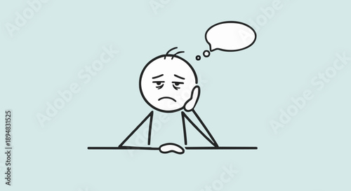 Stick figure looking bored and tired with a thought bubble.