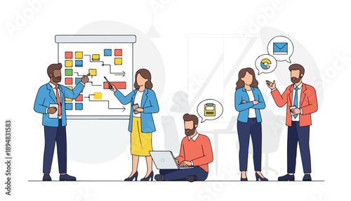 Diverse business team collaborating on project planning, digital work, and communication.