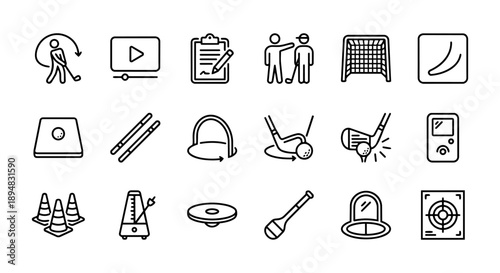 Golf championship gold award icon set with trophies, medals, and winner jackets.