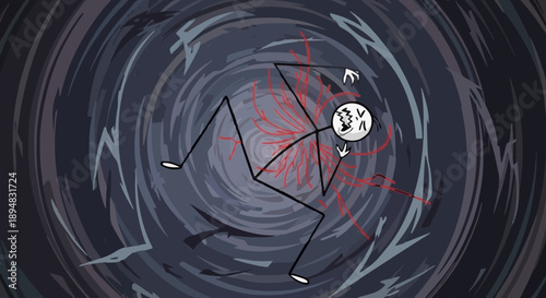 Stick figure falling into dark swirling vortex abstract concept.