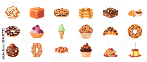Assorted sweet treats: donuts, ice cream, cakes, pancakes, pudding, candy, waffle cones, muffins