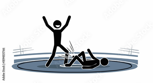 Stick figure fighting in a ring with one figure victorious.