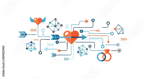 Valentine's Day Modern Romance and Self-Care A Digital Love Story with Connected Hearts and Abstract Geometric Designs