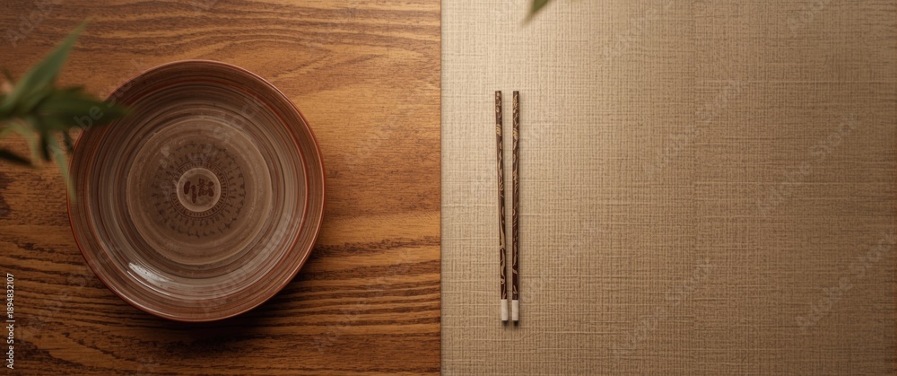 Fototapeta premium Wooden table with a brown hue featuring ceramic plate and chopsticks