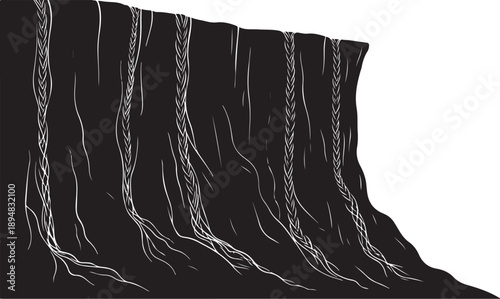 Black and white illustration of tree roots on cliff
