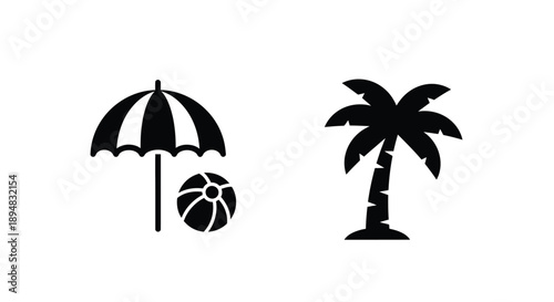 Tropical beach icons including palm tree umbrella and ball silhouette