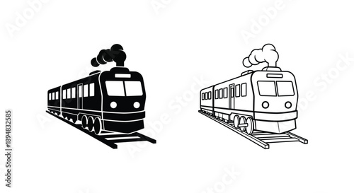 Two vintage steam locomotives depicted in a striking black silhouette