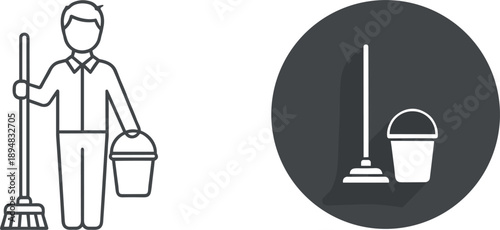 Janitor cleaning service vector icon cleaner man with broom bucket housekeeping maintenance illustration design