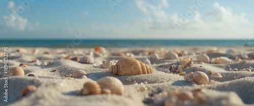 Panel kuchenny z motywem Tropical shells on sand displaying texture and pattern near the sea and beach