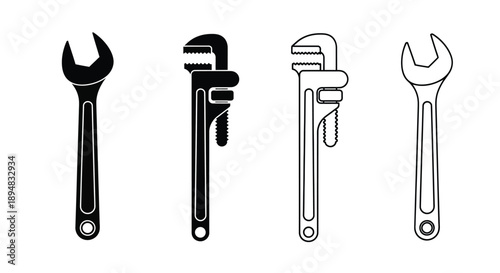 Four wrench tools displayed in a clean black silhouette