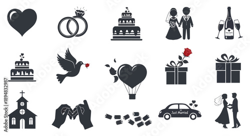 Collection of wedding icons and symbols in black and white