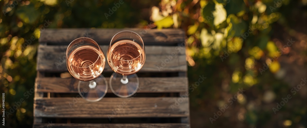 Fototapeta premium Two glasses of rose wine placed on a wooden crate, top perspective