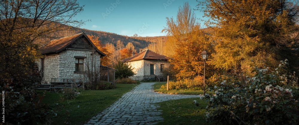 Naklejka premium Beautiful fall view of old traditional houses in the Open Air Ethnographic Museum Etar