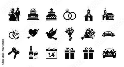 Collection of black wedding icons on white background