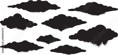 Collection of black cloud silhouettes on white background