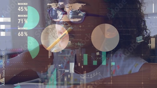 Animation of data processing over african american schoolgirl learning