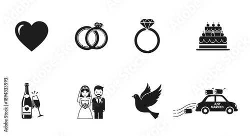 Collection of black and white wedding icons on white background