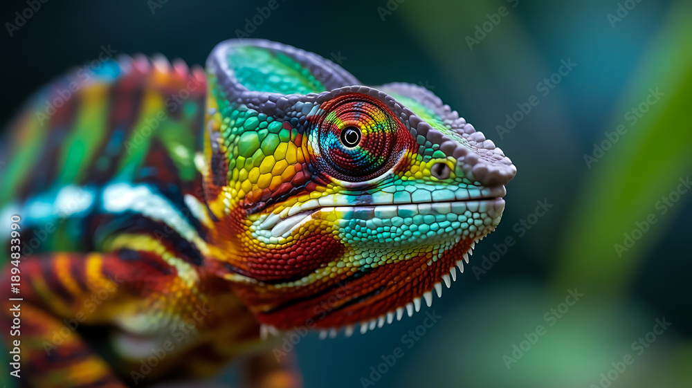 Obraz premium Chameleon close up showing colorful scales and detailed rainbow skin