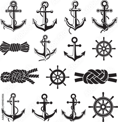 Nautical Symbols Set with Anchors, Ropes, and Steering Wheels in Black and White