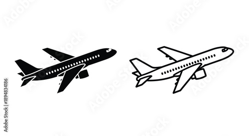 Two airplane icons in black and white a minimalist silhouette