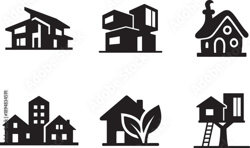 Houses icon set with clean vector symbols for home, real estate, and architecture design.