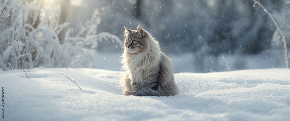Naklejka premium Charming long-haired house cat in winter season