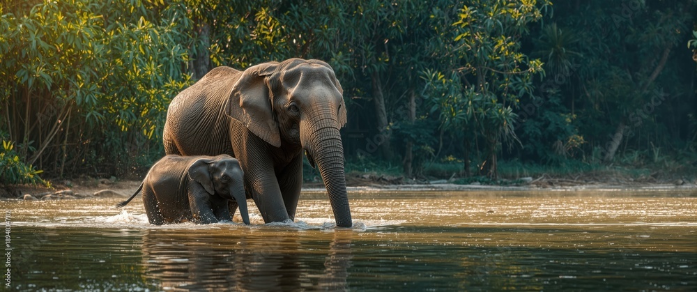 Fototapeta premium Elephant Mother and Calf Crossing a River in Tangkahan Forest, North Sumatra, Indonesia