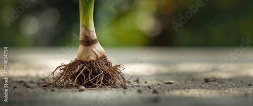 Close-up of gladiola bulb with visible roots after uprooting