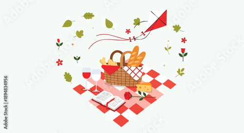 A delightful Valentine's Day modern romance and self-care picnic featuring a red kite, wine, bread, cheese, and a book, perfect for a romantic getaway