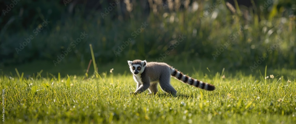 Fototapeta premium Charming lemur with raised tail walking across the lawn