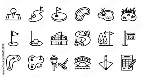 Golf course topography icon set with terrain, bridge, and clubhouse.