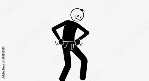 Stick figure man struggling to button pants.