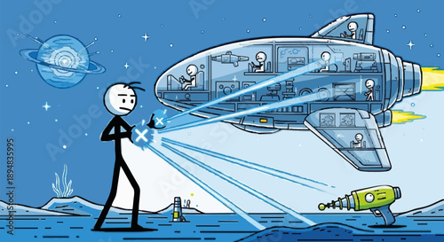 Stick figure man shoots ray gun at alien spaceship.