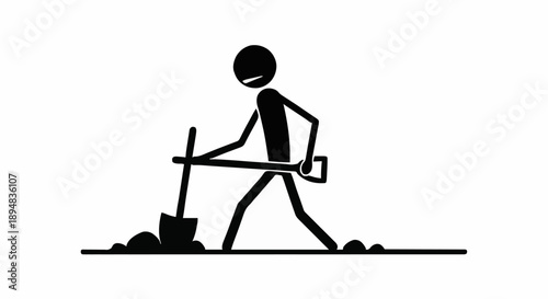 Stick Figure Man Digging With Shovel.