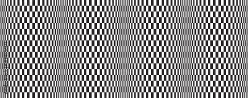 Abstract black and white optical illusion background with distorted checkerboard pattern. Vertical glitch effect vector texture with stretched geometric squares.