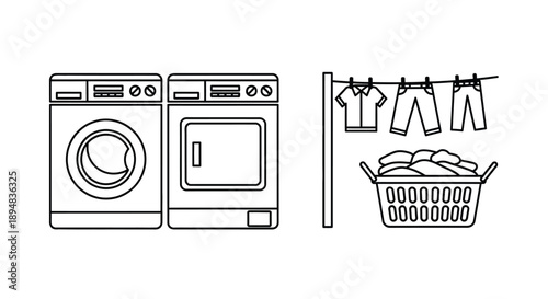 Line art illustration of laundry appliances and clothes black silhouette