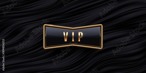 Luxury VIP gold badge with geometric frame on black wavy silk background. Premium vector label on dark liquid satin texture for exclusive club invitation or membership design.