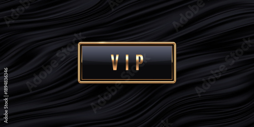 Luxury rectangular VIP gold banner on black wavy silk background. Premium vector badge with golden frame on dark liquid satin texture for exclusive club invitation or membership design.