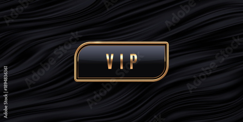 Luxury VIP gold button with geometric frame on black wavy silk background. Premium vector badge on dark liquid satin texture for exclusive club invitation or membership design.