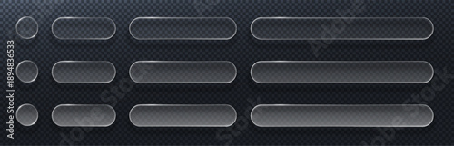 Set of transparent glass buttons and banners. Vector realistic glassmorphism UI kit with glossy rounded rectangles and circles on dark background for web design and app interface.