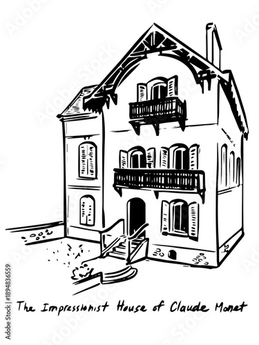 Bilde på lerret Hand Drawn Impressionist House of Claude Monet in Argenteuil France in Black and