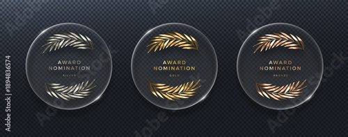Set of realistic glass award badges with gold, silver and bronze laurel wreaths. 3D vector glassmorphism icons for nomination, winner ranking or certificate design on dark transparent background.
