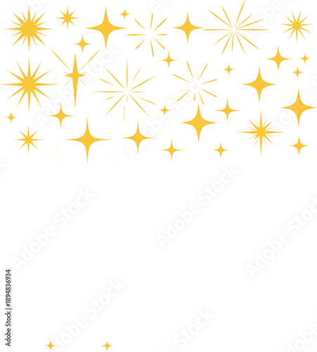 Yellow sparkle and starburst icons set with radiant shining stars and firework light flashes, flat vector decorative elements isolated on white background