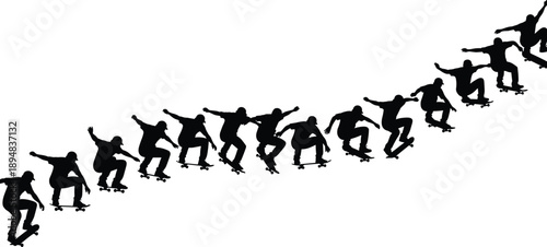 Black Silhouette Sequence Of A Skateboarder Performing A Jump Kickflip And Landing Action Motion On A White Background Isolated